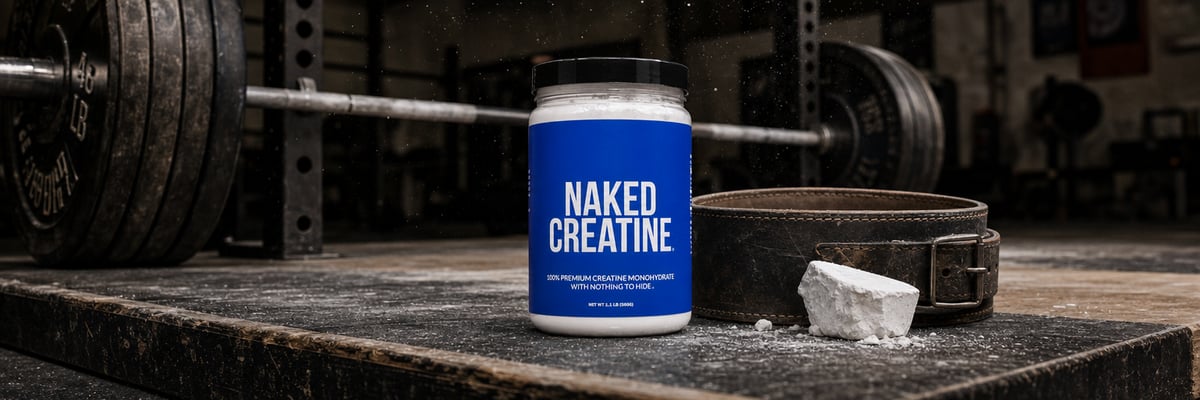 Naked Creatine tub on a chalk-dusted lifting platform beside a worn leather belt