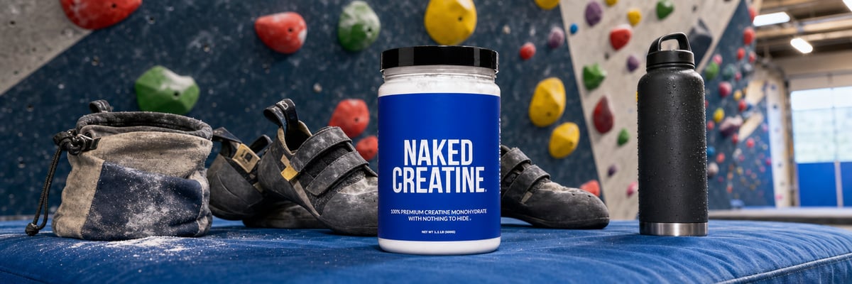 Naked Creatine tub on a crash pad in an indoor bouldering gym with climbing shoes and chalk bag