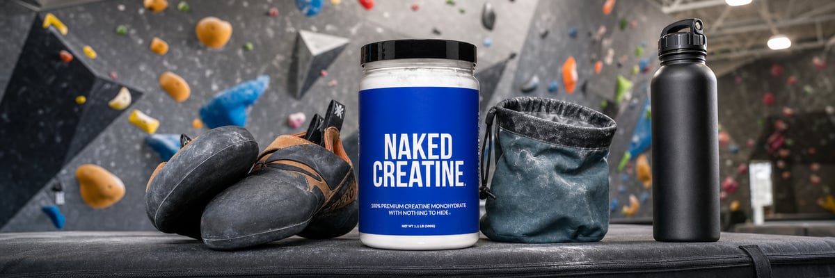 Naked Creatine tub on a crash pad beside climbing shoes and chalk bag at an indoor bouldering gym.