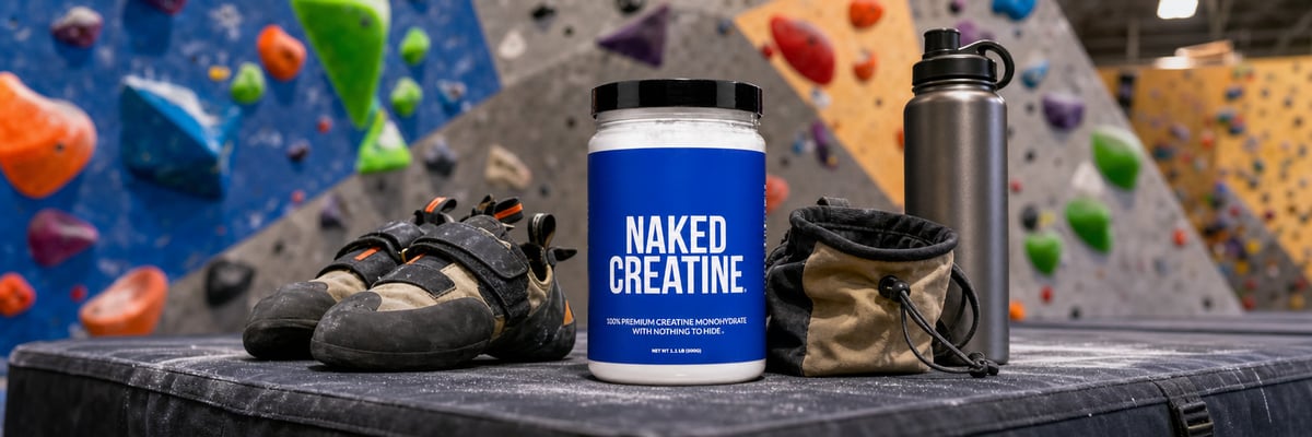 Naked Creatine tub on a crash pad beside climbing shoes and chalk bag at a bouldering gym