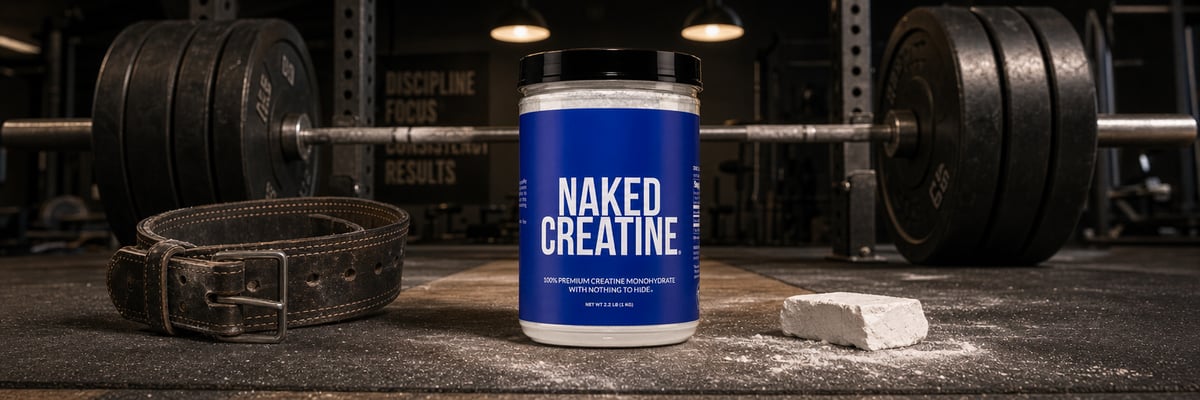 Naked Creatine tub on a chalk-dusted Olympic lifting platform beside a loaded barbell and lifting belt