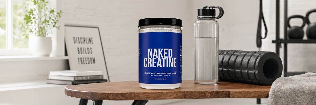 Naked Creatine tub on gym bench beside water bottle on a rest day
