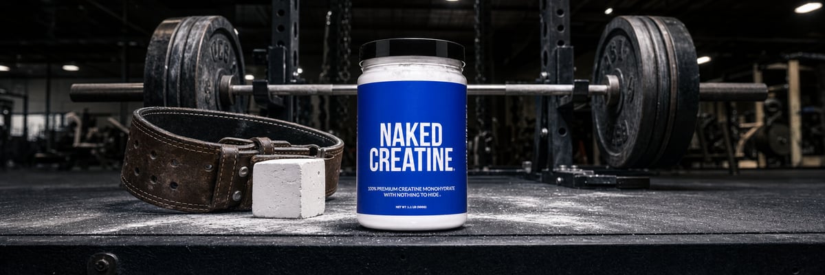 Naked Creatine tub on a chalk-dusted Olympic lifting platform beside a worn lifting belt and chalk block.