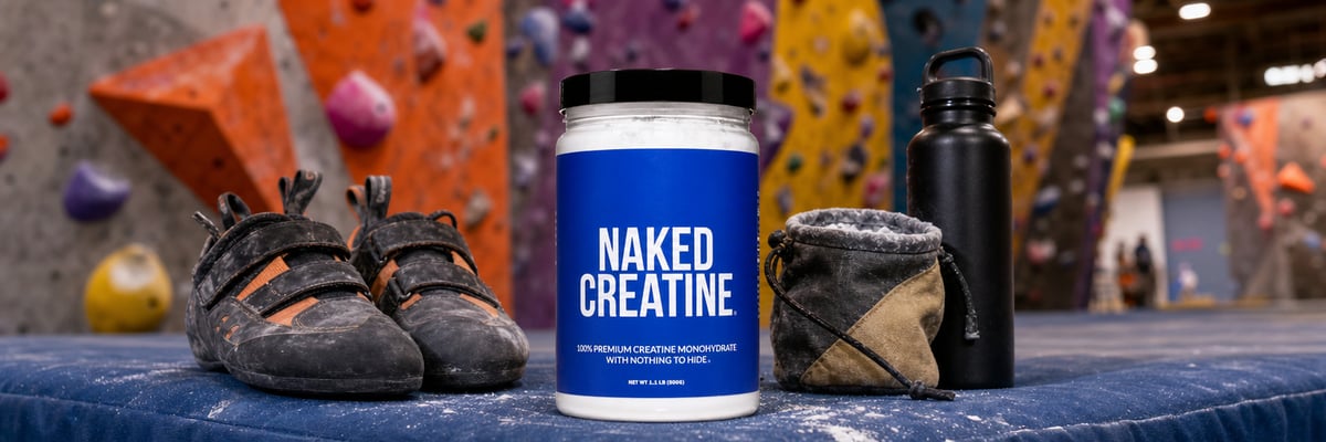 Naked Creatine tub on a crash pad in an indoor bouldering gym with climbing shoes and chalk bag