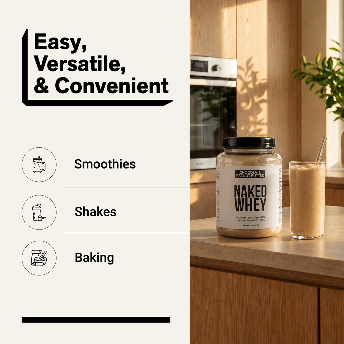 chocolate peanut butter whey protein smoothies shakes baking

