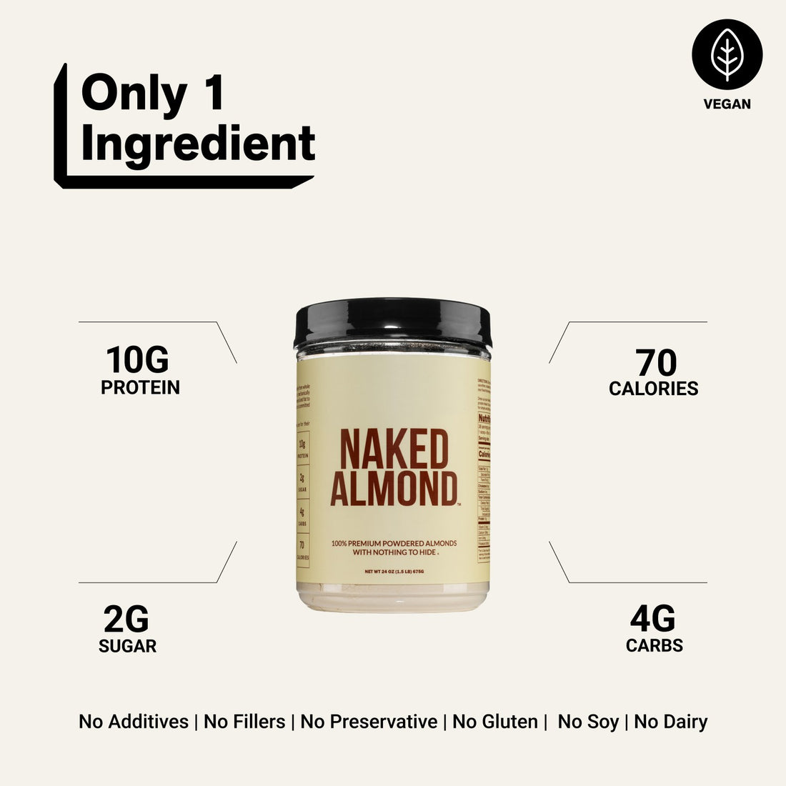 Naked Almond vegan protein powder with 10g protein and 70 calories.