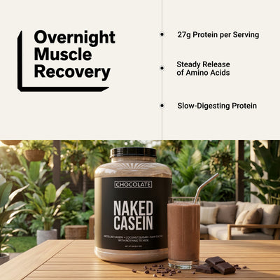 naked casein chocolate 5lb slow-release protein for muscle recovery.