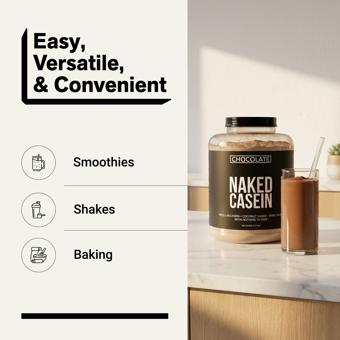 naked casein chocolate 5lb for smoothies, shakes, and baking.