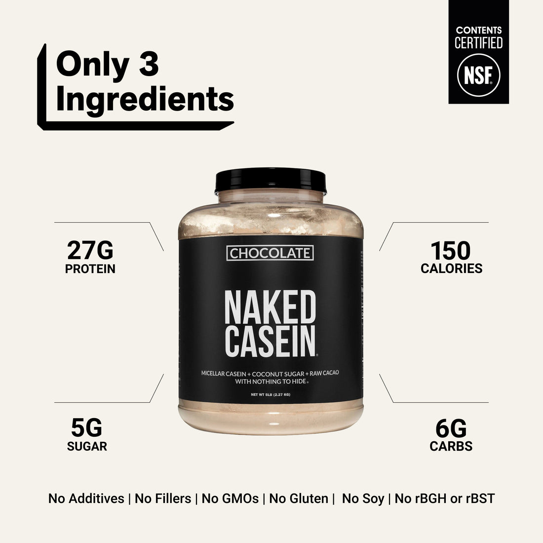 naked casein chocolate 5lb with 3 ingredients and 27g protein.