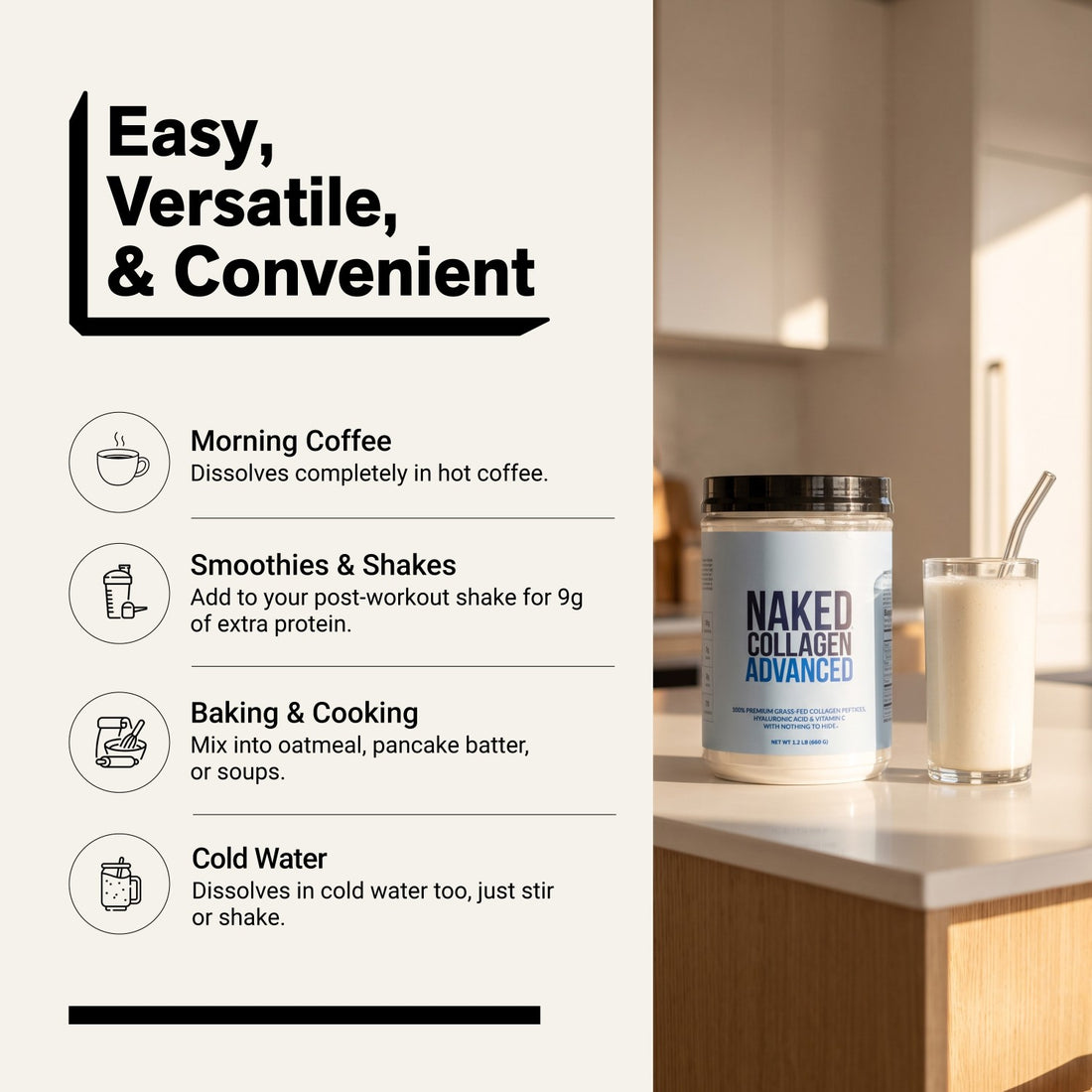 naked collagen advanced unflavored powder for coffee, smoothies, and baking.
