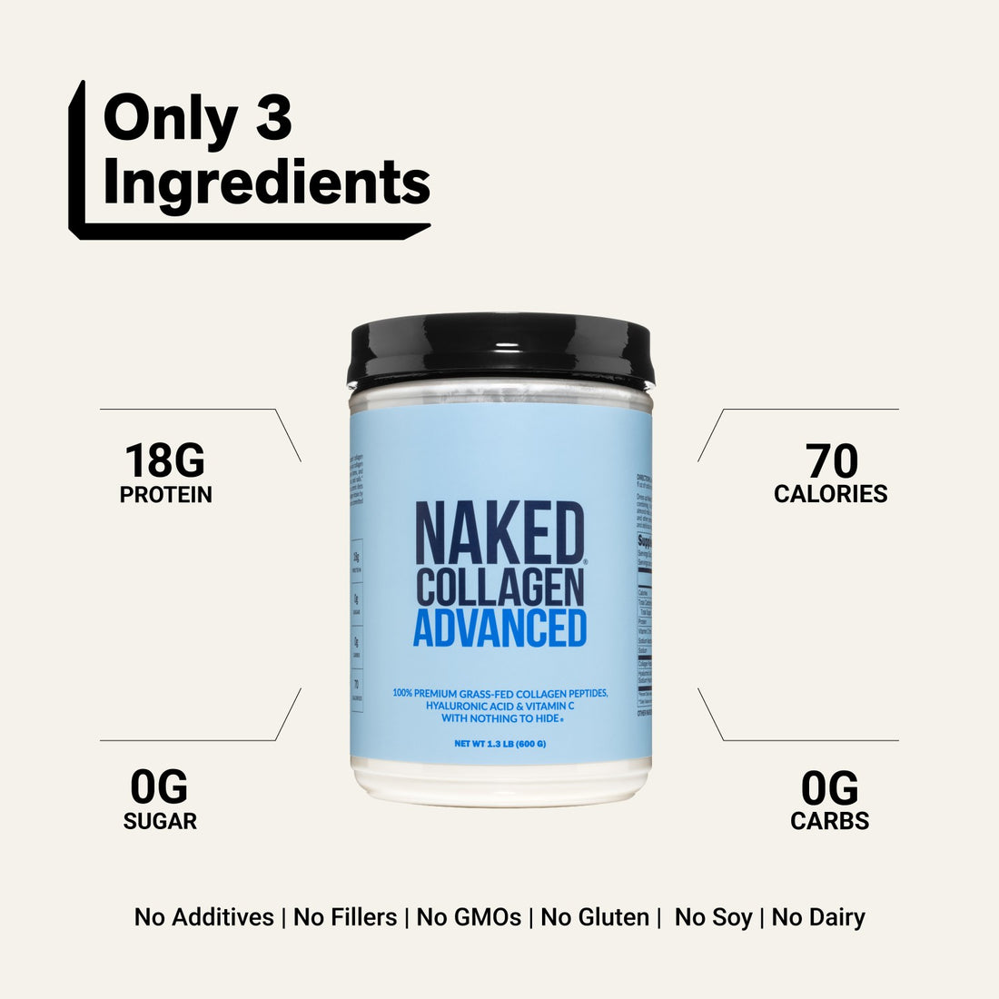 naked collagen advanced unflavored with 3 ingredients and 18g protein.