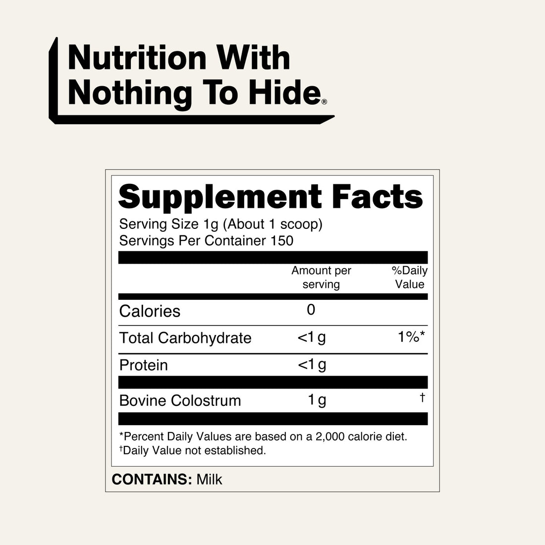 naked colostrum supplement facts with 1g bovine colostrum per serving.