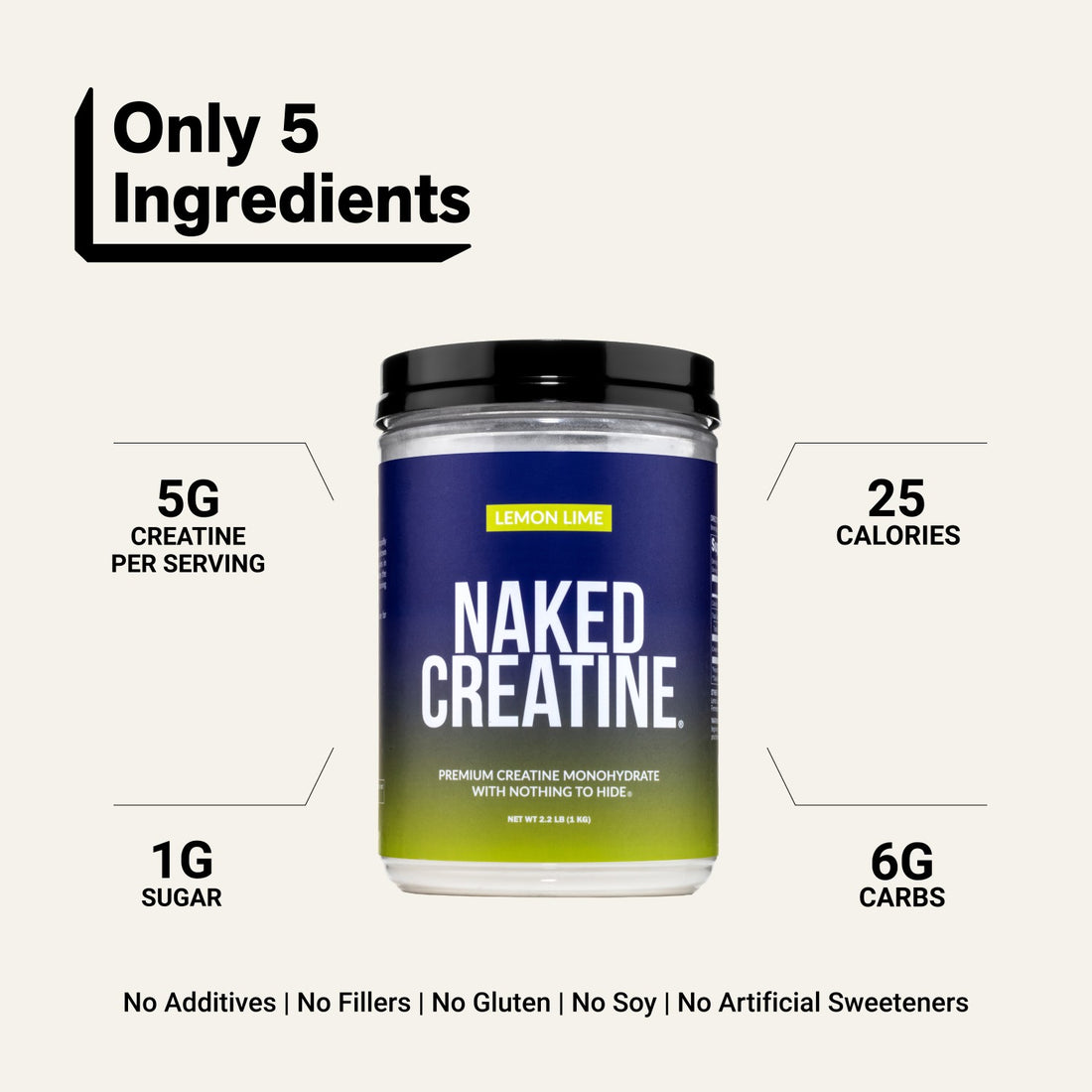 Naked Creatine Lemon Lime 1KG with 5g creatine and 25 calories per serving.