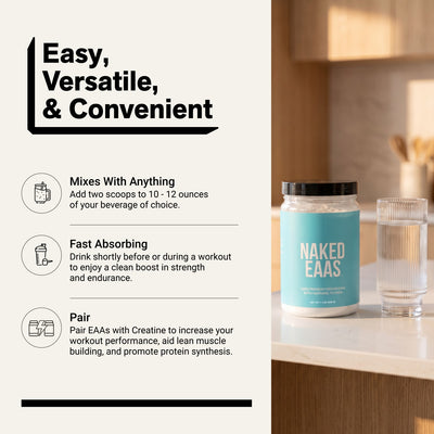 naked eaas unflavored powder with a glass of water