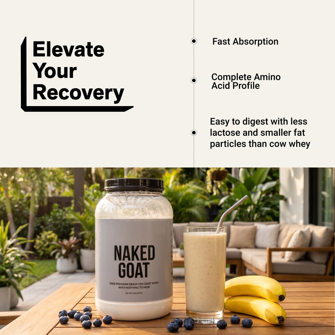 naked goat unflavored whey protein recovery infographic.