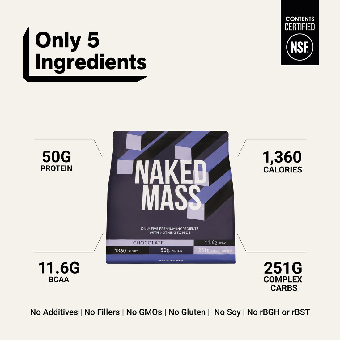 naked mass chocolate with 50 g protein and 1,360 calories