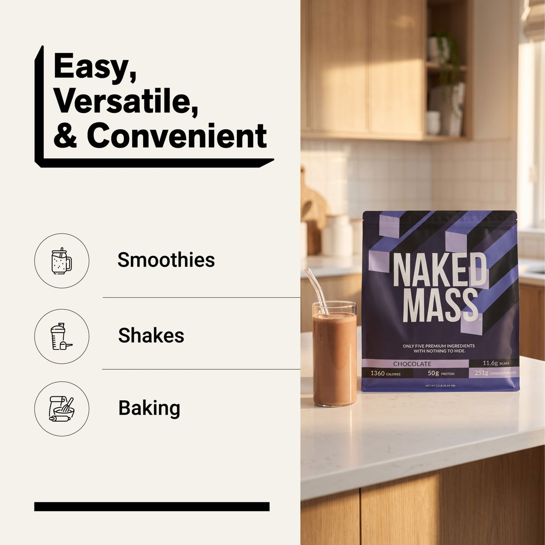 naked mass chocolate for smoothies, shakes and baking