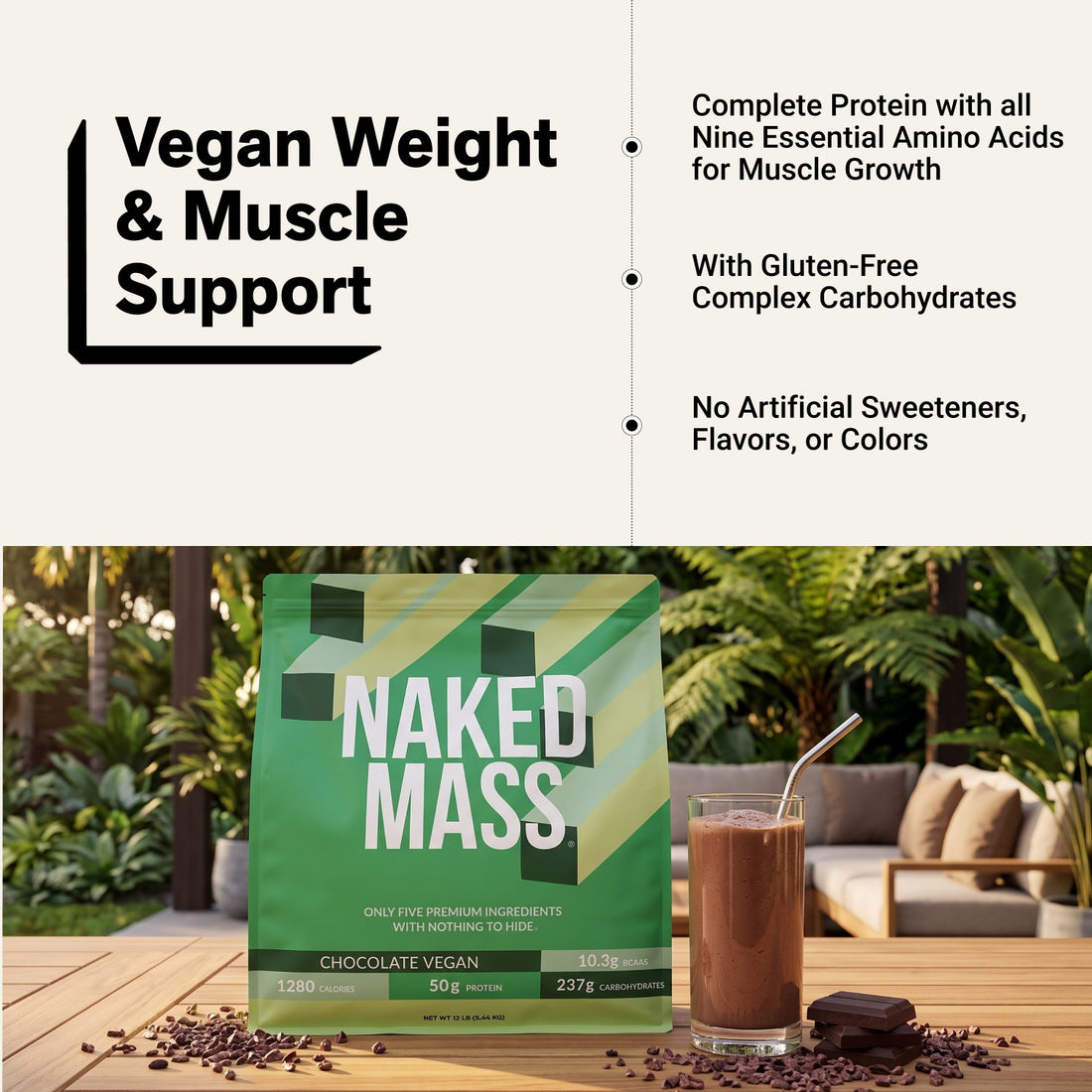 naked vegan mass chocolate weight and muscle support infographic