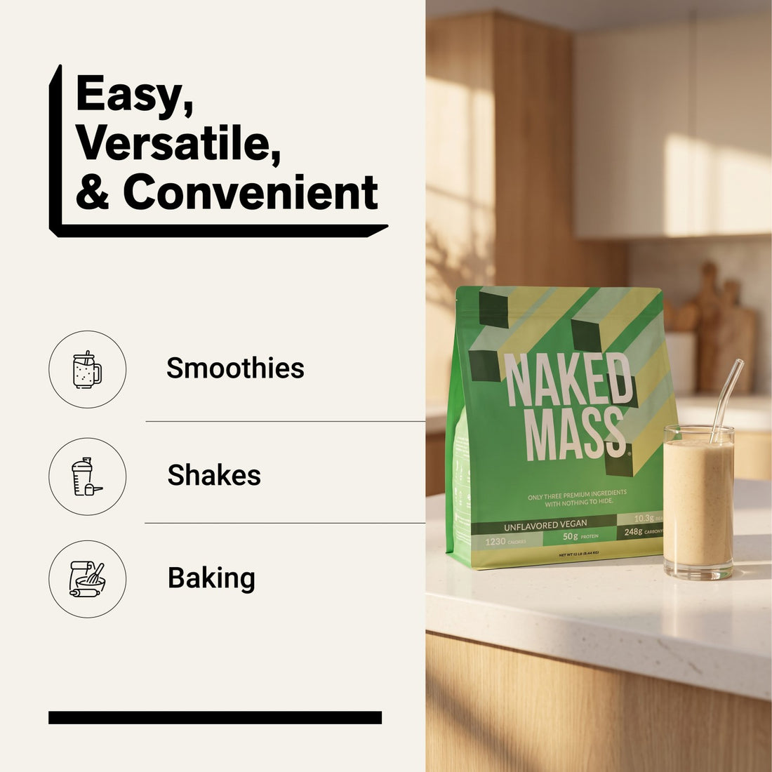 naked vegan mass unflavored for smoothies, shakes and baking
