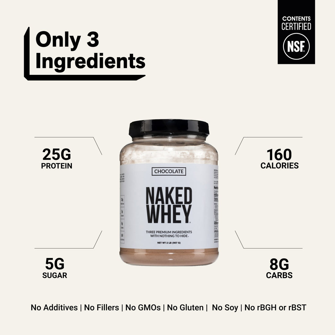 naked whey chocolate 2lb with 3 ingredients and 25g protein per serving.
