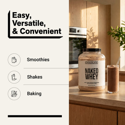 naked whey chocolate 5lb for smoothies, shakes, and baking.