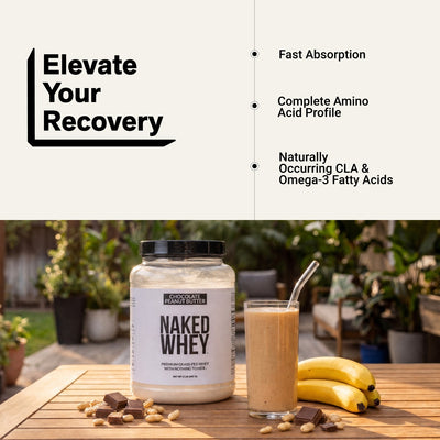 naked whey chocolate peanut butter protein shake for recovery and fast absorption.