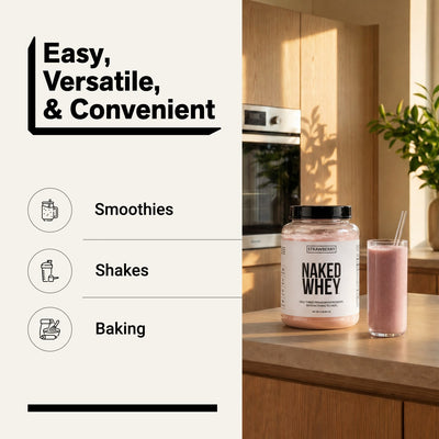 naked whey strawberry 2lb protein powder for smoothies, shakes, and baking.