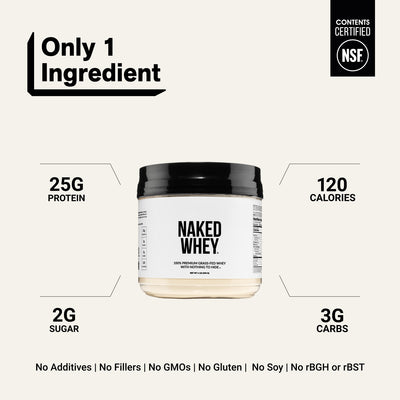 Naked Whey Unflavored protein powder with one ingredient, 25g protein and 120 calories per serving.