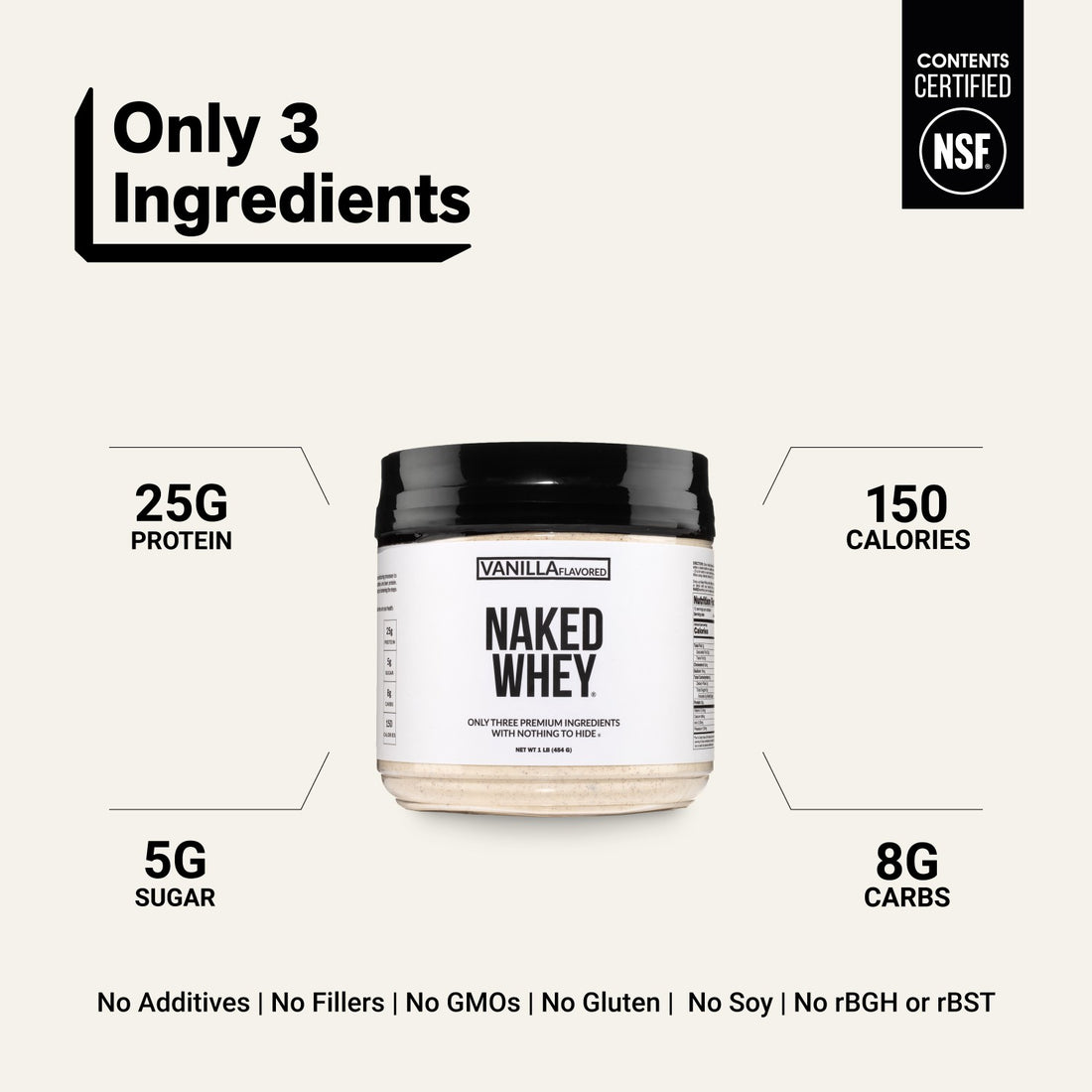 Naked Whey Vanilla protein powder with 3 ingredients and 25g protein per serving.